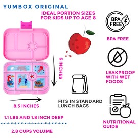 yumbox Original Leakproof Kids Bento Lunch Box, 5 Compartments + Dip Well, Easy-Open Latch, Portion Control, Removable Illustrated Tray, Ages 3-7 (Power Pink (Mermaid Tray))