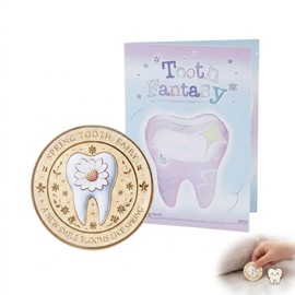 BCHMN Moneta Fatina dei Dentini con Biglietto d'Auguri Fantasia, Regalo Commemorativo per la Caduta dei Denti, Souvenir Magico Colore Oro per Bambini e Bambine