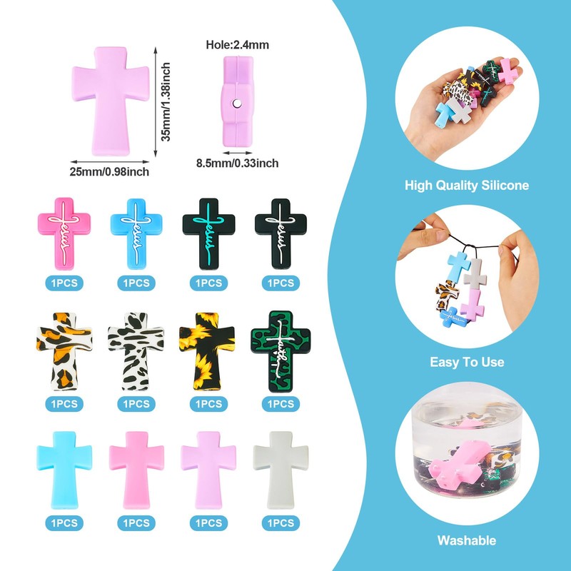Beadthoven 12pcs Cross Silicone Focal Beads for Pens Leopard Printed