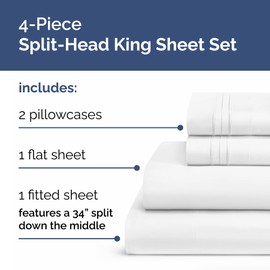 Split Head King Sheet Set – 4 Piece Flex Split Top King Sheets for Adjustable Beds - Fits 14” to 16" Mattress w/ Deep Pockets - Ultra-Soft, Breathable & Cooling - Luxury Bedding & Wrinkle Free - White