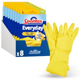 Spontex Everyday Protect Rubber Gloves | Large Size | Antibacterial Protection | Non-Slip Grip | Natural Latex with 100% Recycled Cotton Lining | 8 Pairs
