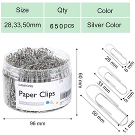 DANRONG 650 PCS Paper Clips Assorted Sizes, Small Medium and Large (1.1", 1.3" & 2"), Paperclips for Office, School, Home Supplies-Silver