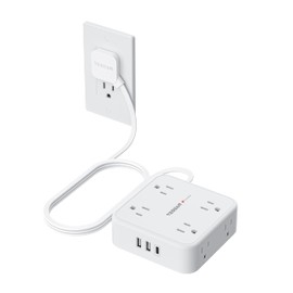 TESSAN Flat Plug Extension Cord, 5 Ft Surge Protector Power Strip with 3 USB (1 USB C) 8 Outlets, 900J Surge Protection, 3 Sided Outlet Extender with Power Switch for Dorm Room Essentials, White