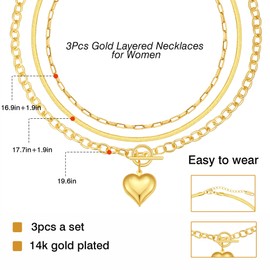 BOMAIL 3Pcs Layered Gold Chunky Necklaces for Women 14K Stacking Choker Paperclip Snake Beads Chain Choker Necklaces Cross Puffy Heart Pendant Adjustable Stackable Layered Necklaces Set