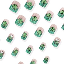 Green Clover Hat Fake Nails St. Patrick's Day Press on Nails Shamrock Glitter French Tip Glue on Nails Lucky Saint Patrick Stick on Nails Short Square Acrylic Nails for Women