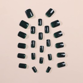 24 Pcs Dark Green Press on Nails Short Square Fake Nails Press ons Solid Color Glossy Nail Tips Full Cover False Nails Stick on Nail Glue on Nails Acrylic Press on Nail Kit Art for Women Manicure