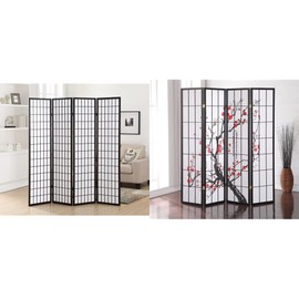 Roundhill Furniture Oriental Shoji 4 Panel Screen Room Divider, Black and Roundhill Furniture Black Japanese 4-Panel Screen Room Divider, Plum Blossom