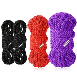 BAVIHOR Silk Soft Rope Durable, 32 Feet 8 mm Multipurpose Long Satin Braided Twisted Rope (2x8ft Black+16ft red+32ft Purple)