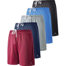 5 Pack Boys Athletic Shorts Mesh Basketball Youth Apparel Kids Sports Active Gear with Pockets, Maroon/Navy/Gray/Light Blue/Black, Medium