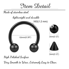 Besyvvin 16G Horseshoe Nose Ring Lip Piercing Helix Ring 1.2 mm Piercing Nose Septum Lip Eyebrow Silver Black Gold 6/8/10/12/14 mm, Stainless Steel