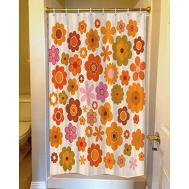 Retro Flowers Camper RV Shower Curtain for Travel Trailer Bathroom, Groovy 70s Funky Boho Camping Small Shorter Fabric Shower Curtains Set, Happy Camp Outdoor Decor Accessories with Hooks 47X64 inch