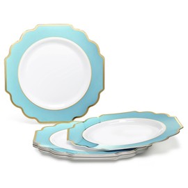 " OCCASIONS " 150 Piece set (25 Guests)-Wedding Plastic Plates & cutlery -Disposable heavyweight Dinnerware 10.5'',8''+Silverware w/double fork (Imperial Turquoise Blue/Green & Silver)