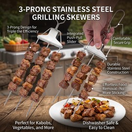 2PCS Skewers for Grilling Set, 14.7" Metal BBQ Skewers for Kabobs, with Storage Bag & Cotton Gloves, Stainless Steel 3 Prong Skewers with Push-off Slider, for Chicken Shrimp Veggie, Outdoor Grill Tool