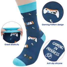 2 pairs Gaming Socks Gamer Gifts Novelty Funny Socks Birthday Present Christmas Gifts Mid Calf Socks for men/husband/gamer/boys (Dark gray and lake blue) one size