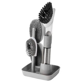 VERALY.MX Set Cepillo con Base y Soporte Limpieza Profunda Hogar 4 Puntas Diferentes Esponjas y Cepillos con Dispensador de Jabon Mango Largo Multiuso (Gris)