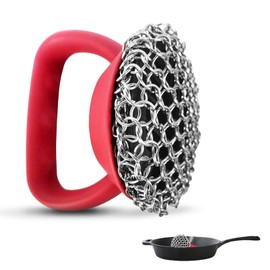 Cast Iron Scrubber with Handle Chain Mail Cast Iron Cleaner Scrubber 316L Cast Iron Chainmail Scrubber for Cast Iron Pans, Cast Iron Skillets, Ergonomic Handle & Large Panel for Cleaning Cast Iron