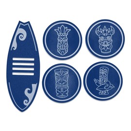 Noble Heritage Tiki Coaster Set – 4 Coasters with Surfboard Holder | Tropical Beach, Bar & Luau Party Décor | Easy to Clean, Durable | Made in USA for Surfers & Tiki Lovers