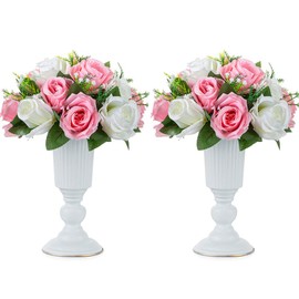 Nuptio 2 piezas de jarrones de flores de metal en forma de trompeta, elegante decoración para bodas, fiestas, 23,2 cm de alto, arreglos florales artificiales para ceremonias de aniversario, blanco
