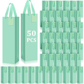 Windyun Paper Wine Gift Bags with Handle Reusable Small 13.8x3.5x3.9 Inches Liquor Bottle Totes Bulk with DIY Blank Thank You Tags for Birthday Wedding Christmas Holiday Party(50 Pack,Green)