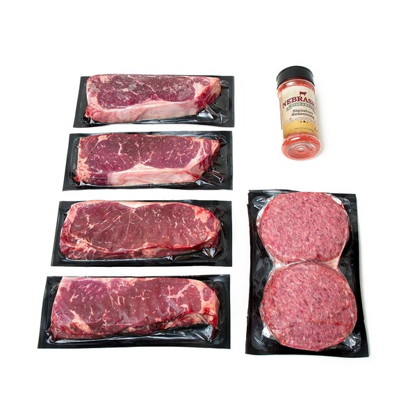 Aged Angus New York Strip and Premium Ground Beef by Nebraska Star Beef - All Natural Hand Cut and Trimmed and Includes Seasoning - Gourmet Package Delivery to Your Door