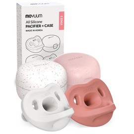 Made in Korea MOYUUM Silicone Macaron Pacifier 2 Pack with Travel Case, BPA Free One-Piece Orthodontic Baby Soother (6+ Months, Raspberry + White, Stage 3)
