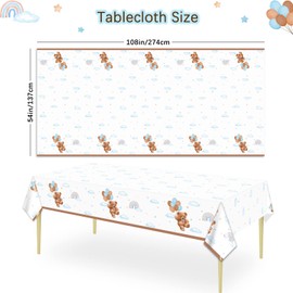 Caisehabu 3 Pieces Teddy Bear Baby Shower Tablecloths Plastic Table Cover, Boho Brown Blue Birthday Party Decorations Supplies for Boys Kids Large Size 108×54 Inch Rectangular