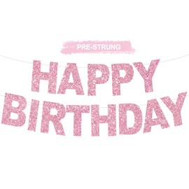 BEISHIDA Happy Birthday Banner - Pink Pre-Strung No DIY Birthday Decorations - Happy Birthday Sign - Birthday Banner for Women, Kids - Backdrop