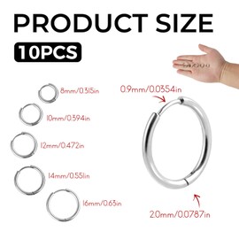 Small Hoop Earrings Set, 10Pcs Lightweight Surgical Steel Hoop Earrings 8/10/12/14/16mm Small Silver H OOP E arrings for Men Women Boys Girls