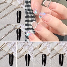 JERCLITY 6 Strips 9.8inch Silver Nail Chains for Nail Art Silver Alloy Metal Nail Art Chains Inlay Pearl Clear Rhinestone AB Diamond for Acrylic Nail Art Nail Chains Accessories for Women Nail Art