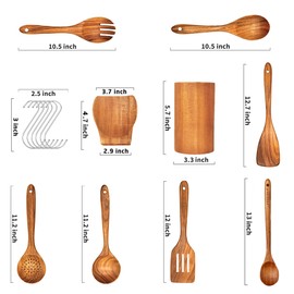 Wooden Spoons for Cooking, 9Pcs Wooden Kitchen Utensil Set with Hooks Natural Teak Cooking Utensils and Utensils Holder