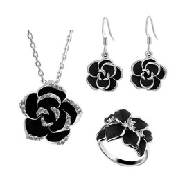TOEECY Rose Jewellery Set for Women and Girls Camellia Flower Pendant Necklace Earrings and Adjustable Rings Set Enamel Zirconia Jewellery Set for Wedding Bride, Alloy Steel, Cubic Zirconia