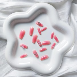 RIICFDD 24 Pcs Press on Nails - Long Square Gradient Pink Fake Nails with Cute Bear, Butterfly & Rhinestone Charm Designs - Glossy False Nails for Women