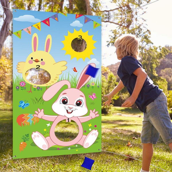 Easter Toss Game with 3 Bean Bags, Easter Bunny Party Game for Kids Adults Family Easter Party Supplies and Easter Decorations (Green Style)