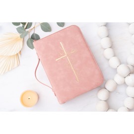 Bible Cover Case for Women – PU Leather Large Bible Case with Minimalist Debossed Design – Christian Bible Accessories for Girls & Women (Pink/Gold)