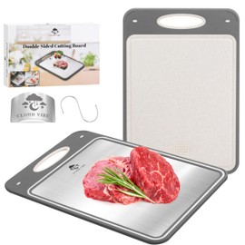 CLOUDVIBE Stainless Steel Cutting Boards for Kitchen, Double-Sided Chopping Board with Finger Guard, Hook, and Anti-Slip Design, 14x9.6 Inches
