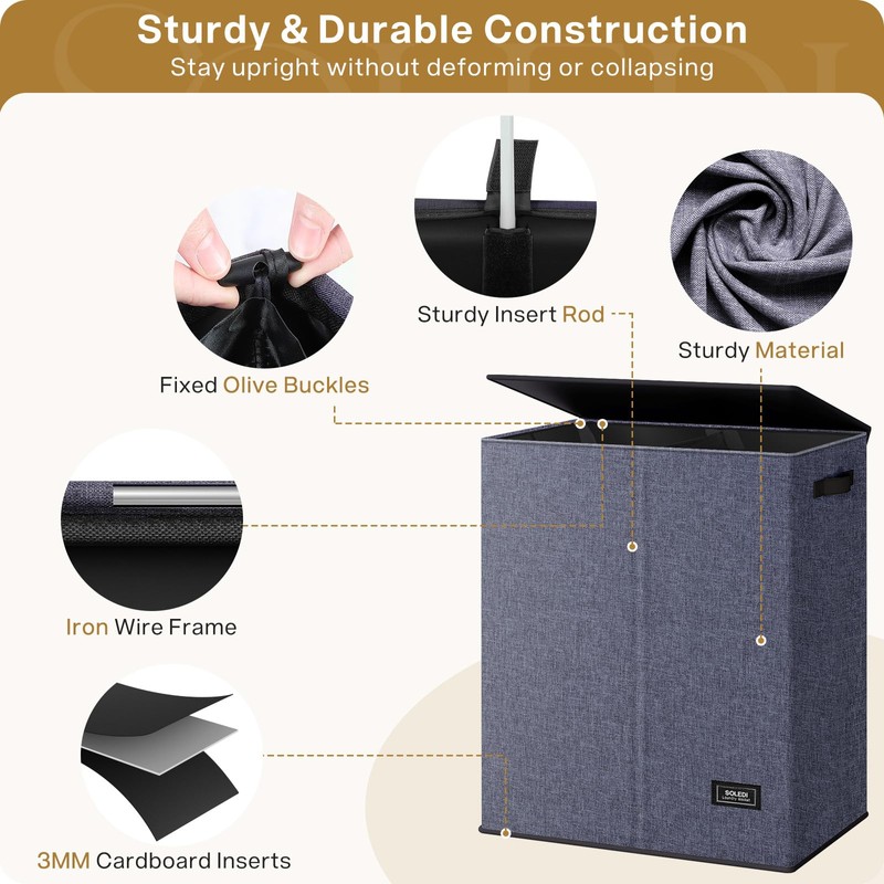 SOLEDI Large Double Laundry Hamper with Lid, Collapsible Clothes Hamper