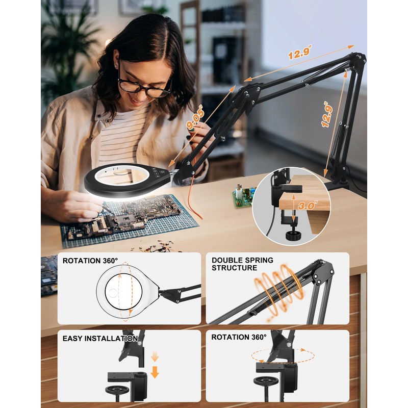 10X & 5X Magnifying Glass with Light, Ultra Long Swing