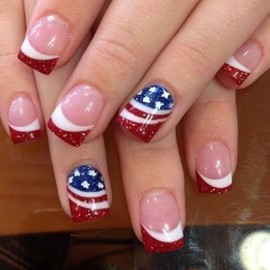 4th of July Press on Nails Short Square Fake Nails Red French Tip False Nails American Flag Full Cover Acrylic Nails Glitter Glue on Nails Independence Day Stick on Nails for Women Manicure 24Pcs