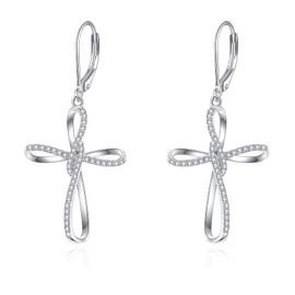 POPLYKE Sterling Silver Infinity Cross Leverback Earrings - Cross Dangle Drop Cubic Zirconia - Religious Jewelry for Women
