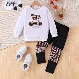 Afsmlys Kid Young Girl Clothes Outfit Bear Print Sweatshirt Colour Patchwork Pants 2PC Fall Winter Clothing Set(6-7T)