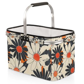 Collapsible Picnic Basket with Handle, Shopping Basket Aluminum Frame, Grocery Basket Tote for Women, Farmers Market Basket, Harvest Baskets Camping Travel Portable Beach Bag (Flower Orange)