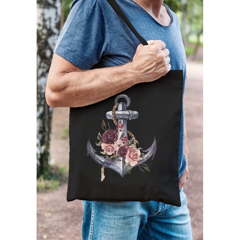 Autiga® Jute Bag Anchor Flowers Cotton Bag Shopping Bag Black