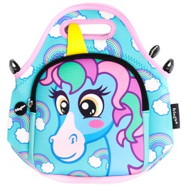 Fringoo® Kids Lunch Bag Neoprene Children Thermal Insulated Tote Bag Shoulder Strap Zipped Pocket Cooler Snack Picnic Nursery School Cute (Unicorn Blue - Lunch Bag)