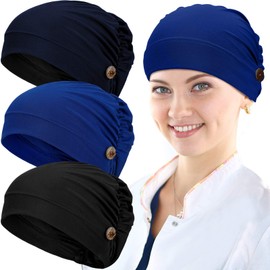 3 Pieces Bouffant Caps with Buttons Unisex Stretchy Headband Turban with Buttons for Women (Navy Blue, Black, Royal Blue)