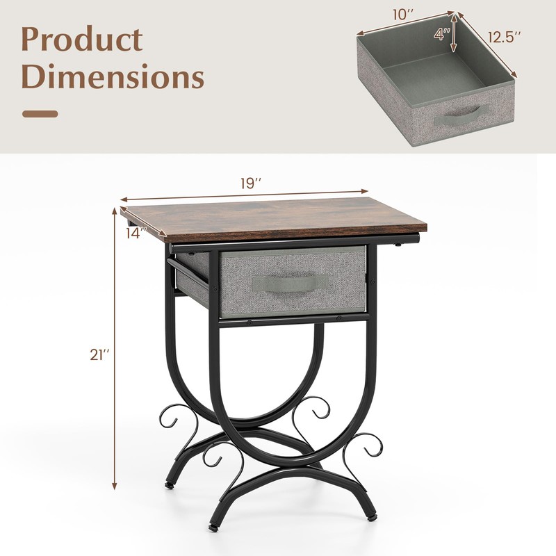 Tangkula Nightstand with Fabric Drawer, Industrial 2-Tier Bedside Table with
