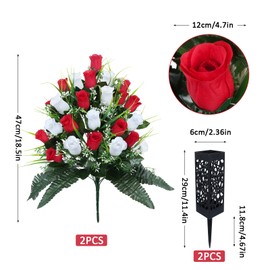 Lacinda Artificial Flowers for Cemetery, 2 Sets 48 Heads Artificial Rose Bouquet Graveyard Memorial Silk Flowers for Cemetery Flower Arrangement with Vase for Headstone Decor Outdoor (Red & White)