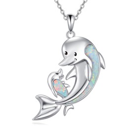 VONALA Dolphin Gifts for Women Sterling Silver Dolphin Opal Pendant Necklace Jewelry Gifts for Women Girls Mom on the Birthday Beach Mothers Day