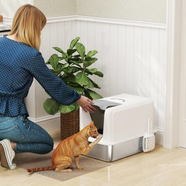 PawHut Stainless Steel Cat Litter Box, Extra Large 2 in 1 Kitty Litter Box with Removable Lid & Scoop, Filter Bags, Metal Litter Box for Small to Large Cats, Easy to Clean, White