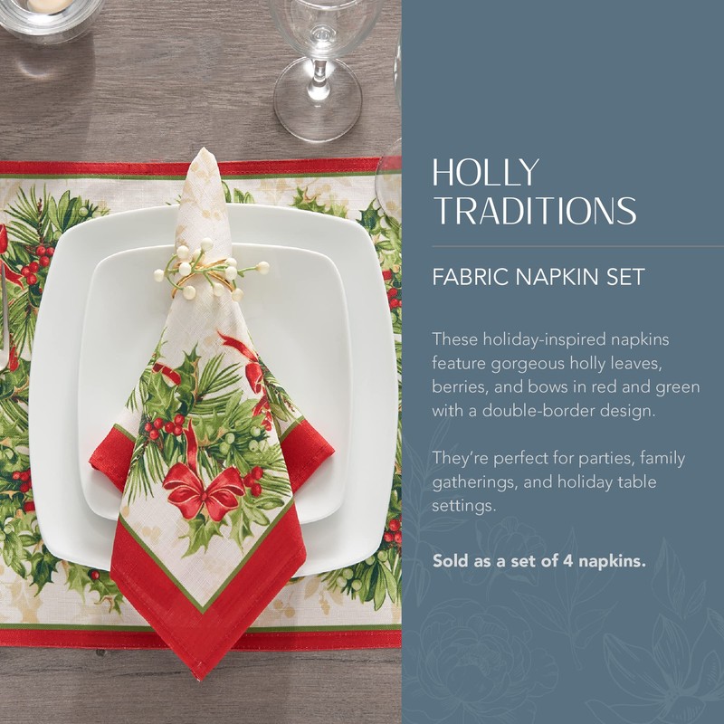 Elrene Home Fashions Holly Traditions Fabric Napkins Set of 4,