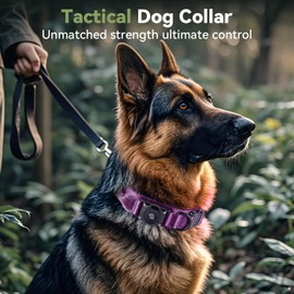 2025 Upgrade Waterproof AirTag Dog Collar, Military Tactical Dog Collar with AirTag Holder, Comfortable Control Handle and Metal Buckle, GPS Dog Collar Holder for Medium to Large Dogs (Purple, M)